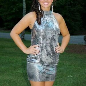 Silver sequin halter dress